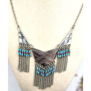 Vintage Necklace Silver Toned Western Design With Chain, Blue & Red Bead  Fringe